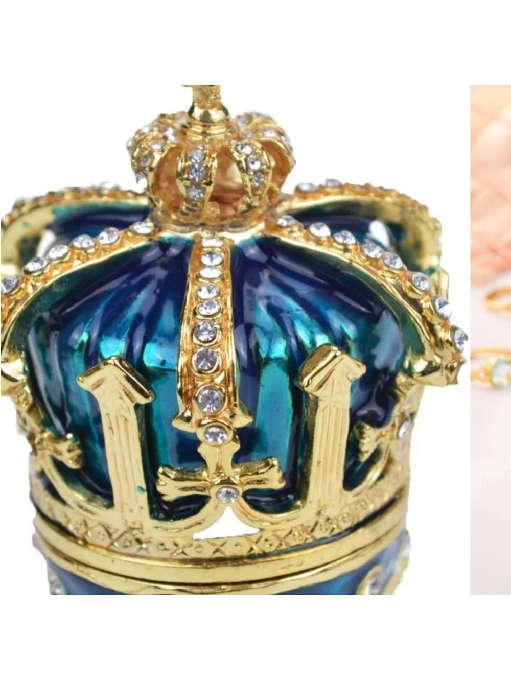 Cloisonne Blue‎ Crown Jewelry Box with Gold and Rhinestones new
